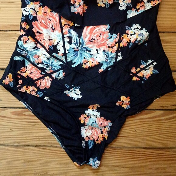 Bondeye Floral on Black Ruffle on Bust High Cut Leg Removable Neck Strap Sz 6 - Picture 2 of 11